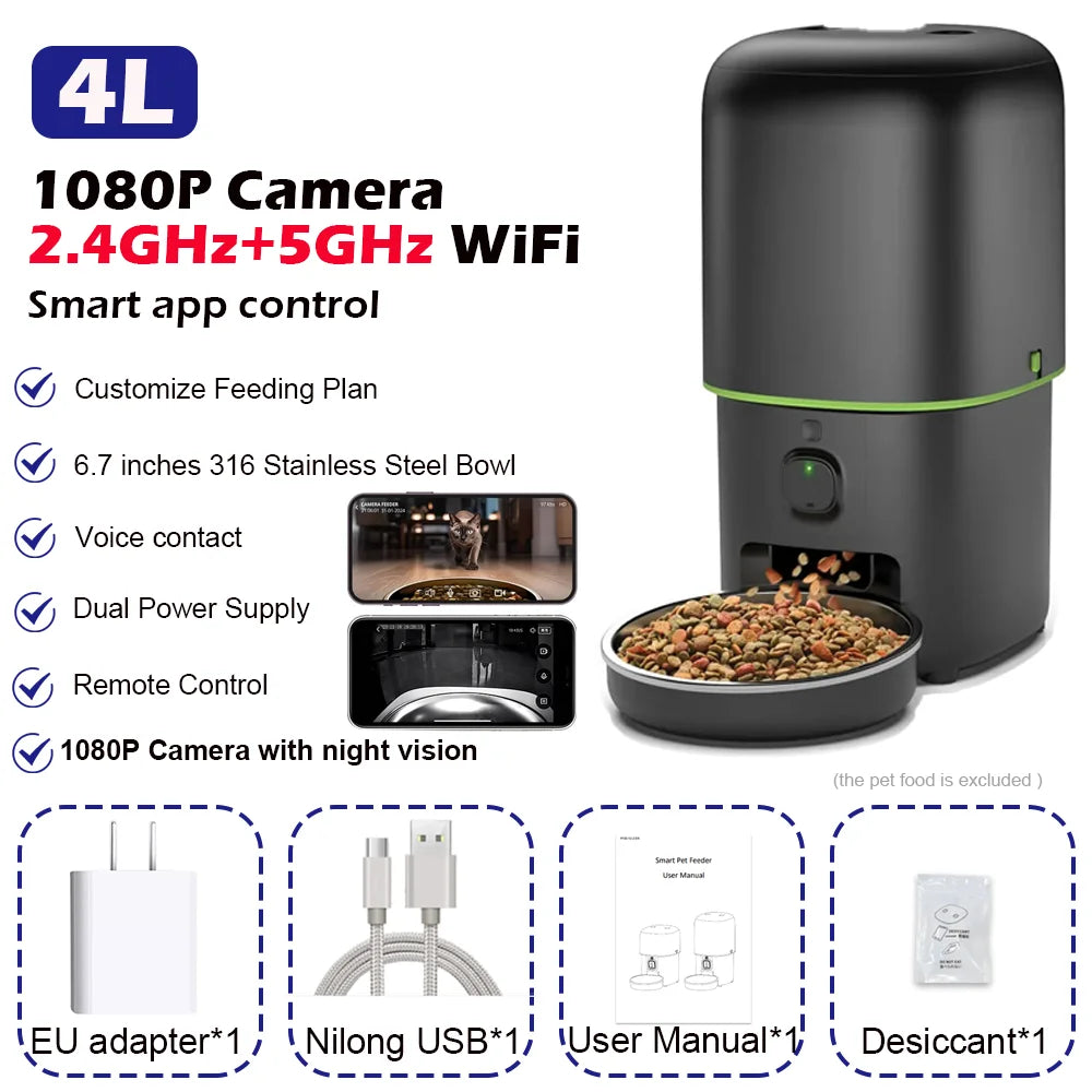 Smart WiFi Automatic Pet Feeder with Camera – Tuya App Controlled 2.4G/5G Food Dispenser for Cats & Dogs
